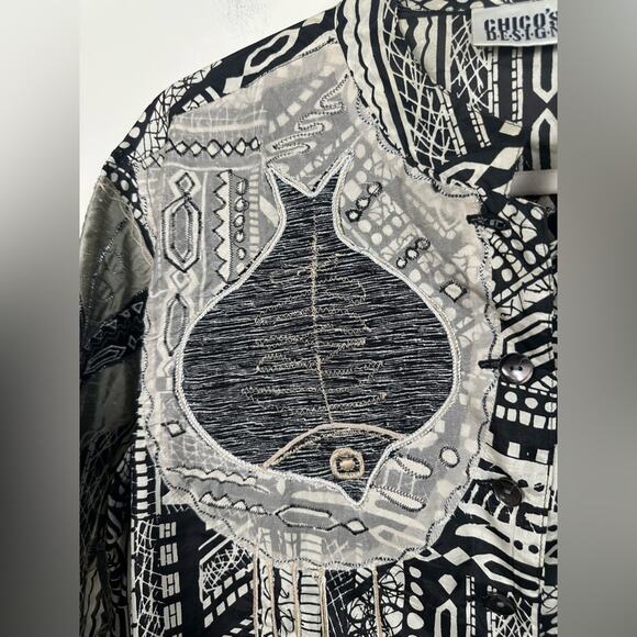 Chicos Vintage Silk Blend Size Large Embroidered Fish Tunic Blouse Jacket EUC - Picture 7 of 7